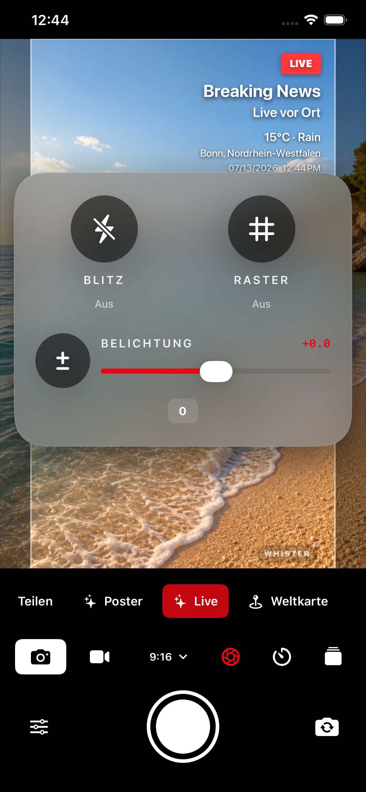 Camera menu with flash, grid, and exposure
